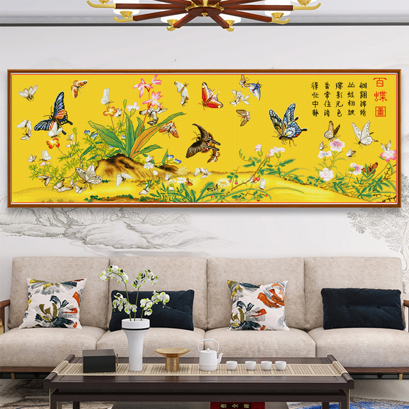 【纯手工十字绣成品】古绢布百蝶图满绣中格无勾边200X75cm