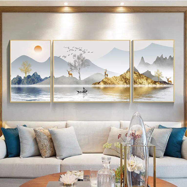 【美娜丽莎】客厅画高端大气金色山水小树麋鹿十字绣42色满绣无勾边