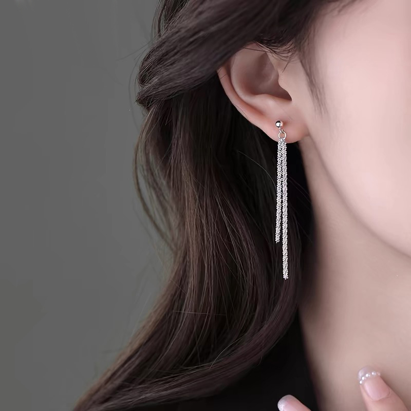 925银耳饰 网红气质长款流苏s925纯银耳环女满天星耳钉小众耳饰