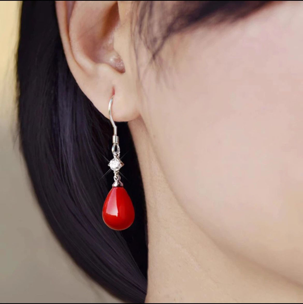 足银耳饰 正品999纯钩耳环女气质水滴红色耳坠喜庆耳钉新娘耳饰