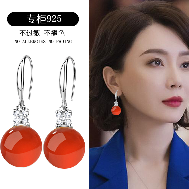 天然玛瑙s925纯银耳环女时尚百搭气质耳坠高级感耳饰送妈妈礼物