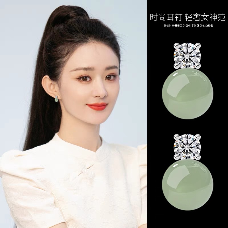 S925纯银东陵玉耳钉女2025年新款爆款高级感耳环气质时尚耳坠耳饰