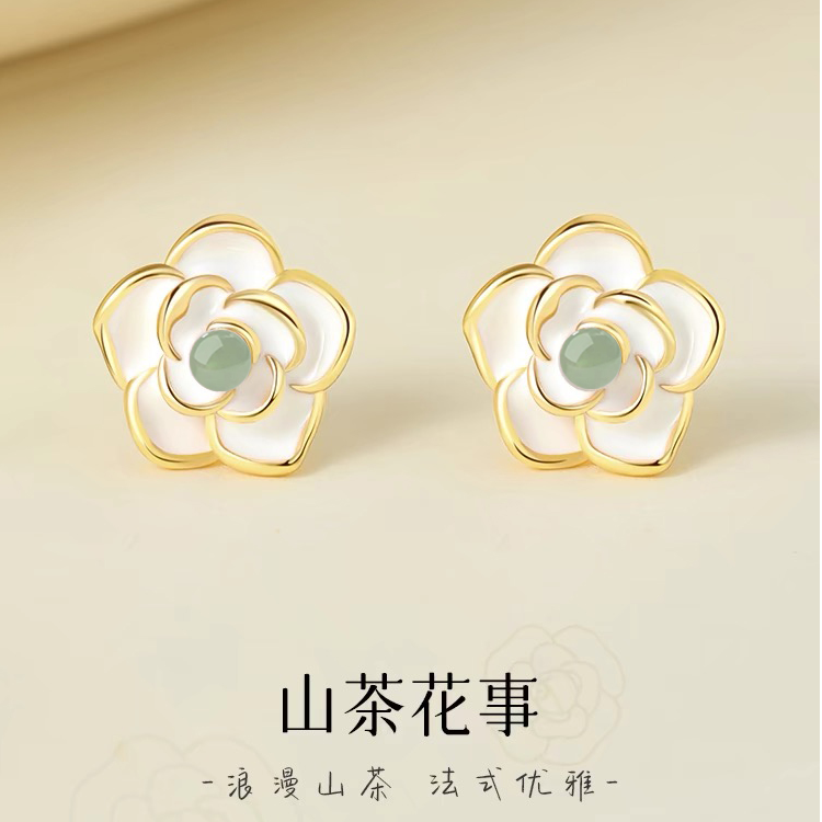 山茶花925银针耳钉女耳环2025新款爆款高级感耳坠耳饰