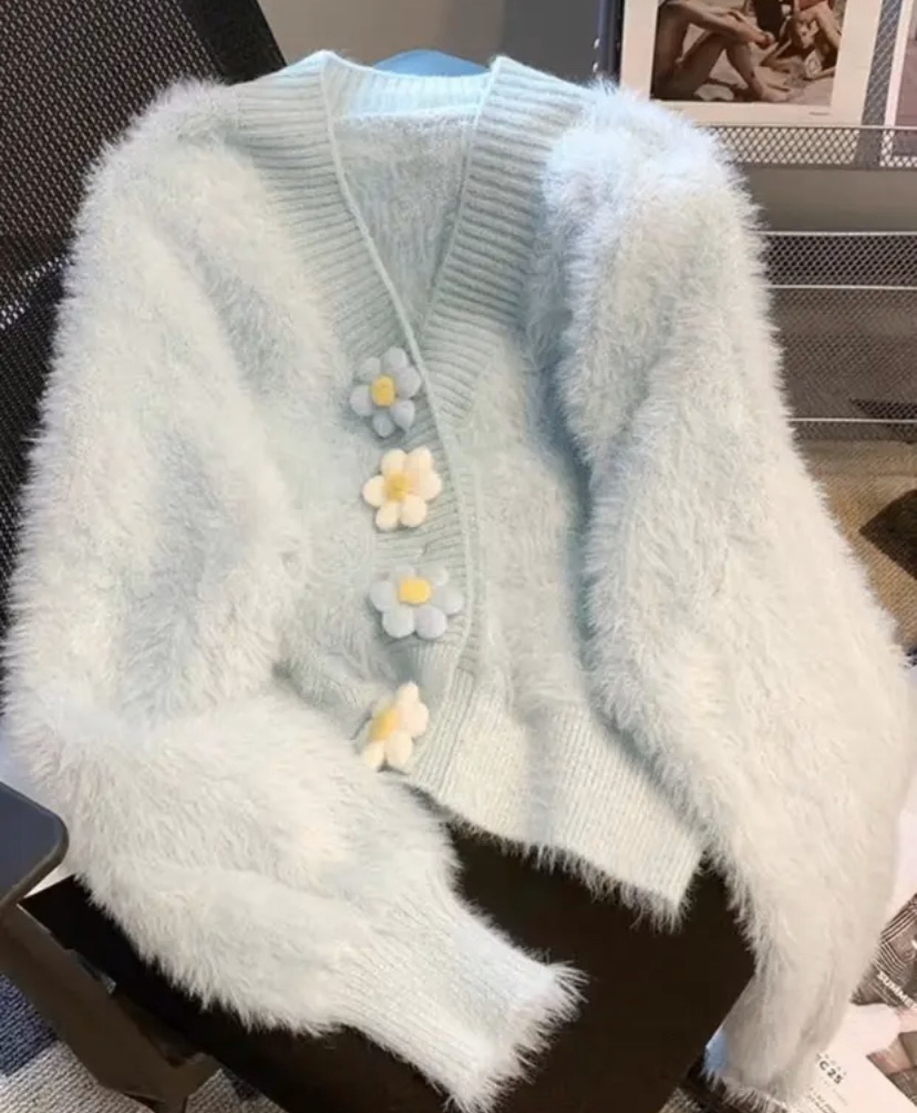 包袖植绒女蝴蝶植物花卉毛针织衫气质加厚秋冬lulu风