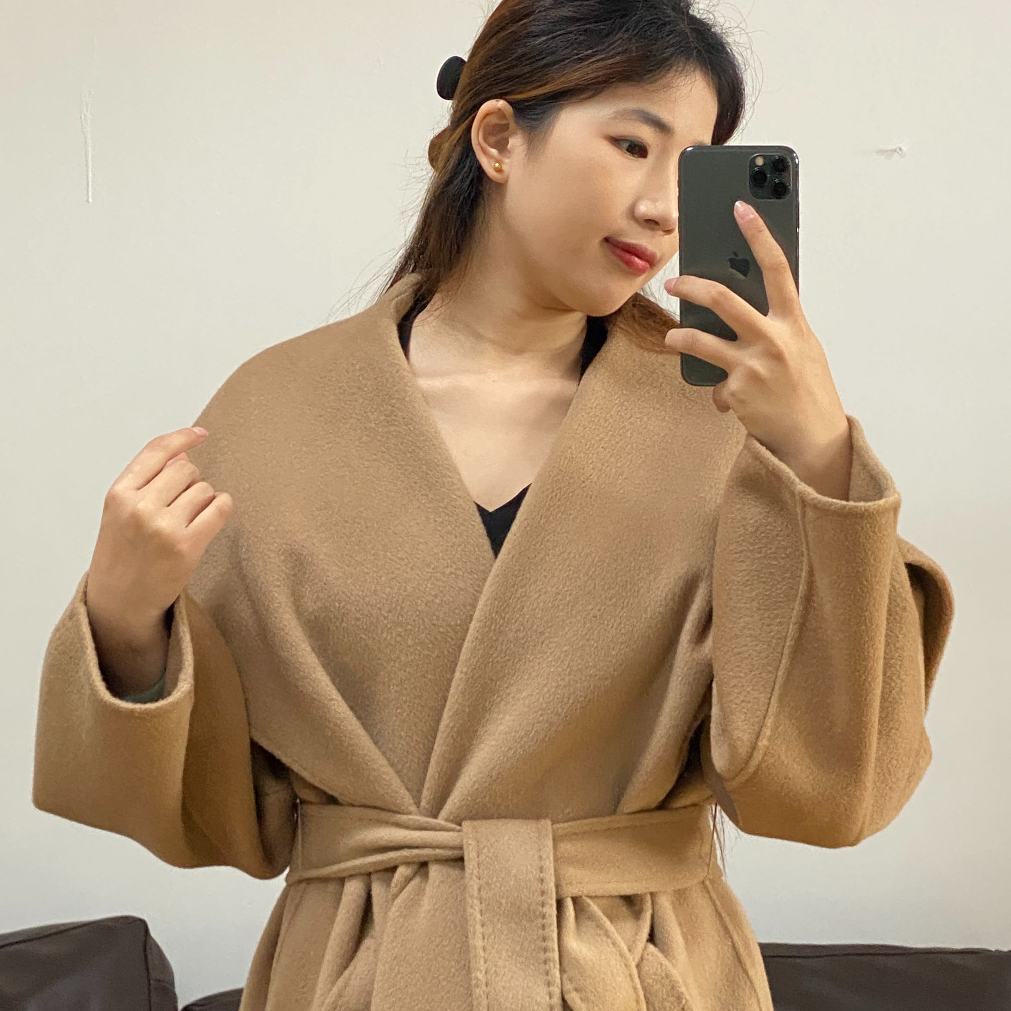 大也池驼色双面呢外套女冬绵羊毛大翻领慵懒中长款山羊绒大衣秋冬