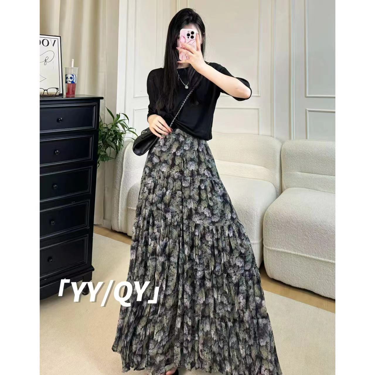 【黑松绿】6米大裙摆碎花半身裙有口袋夏季新款显瘦半身裙复古高腰