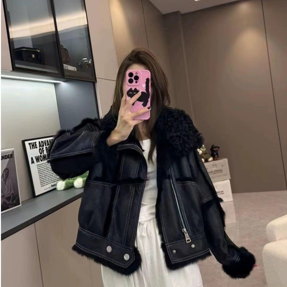 2024机车服真兔毛皮草皮毛一体气质羊卷毛大毛领短款皮草外套女装