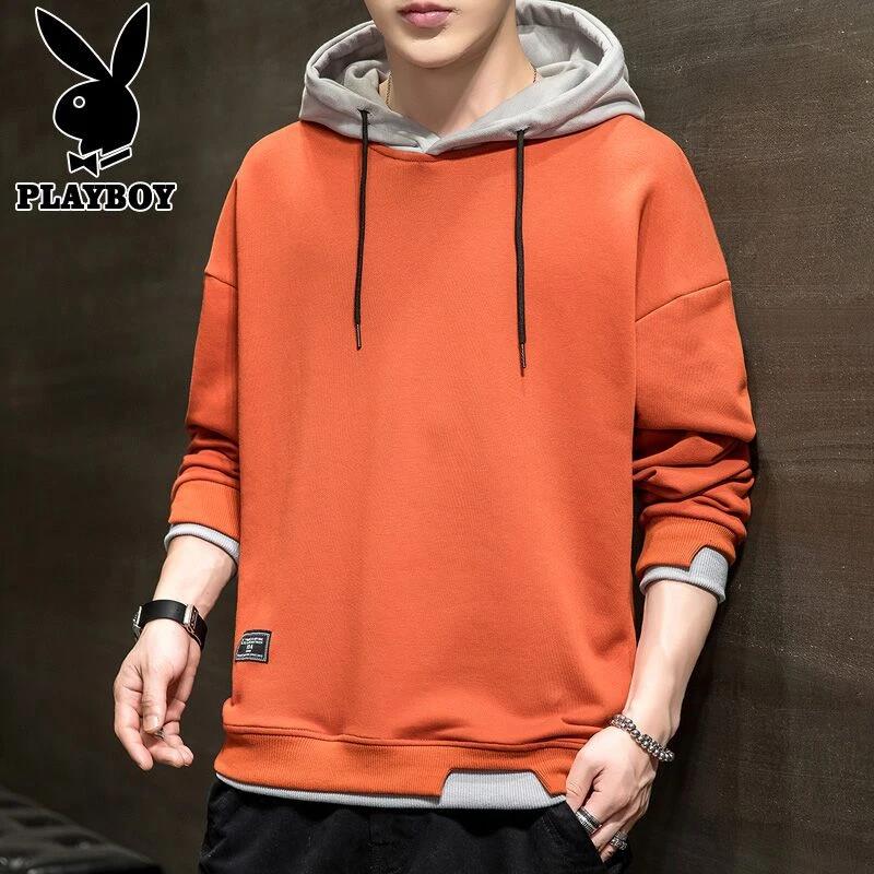 花花公子卫衣男士秋冬新款潮流休闲宽松连帽假两件上衣服长袖体恤