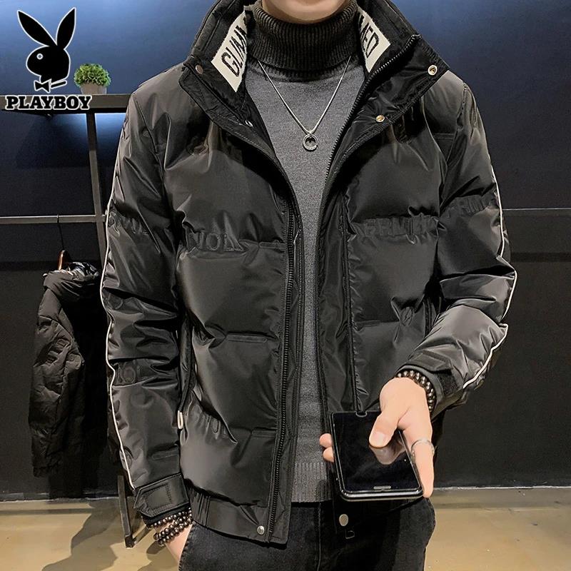 花花公子潮流亮面羽绒服男士冬季帅气上衣加厚保暖冬装短款外套男