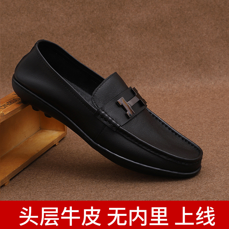 夏季新款豆豆鞋男士休闲皮鞋懒人鞋一脚蹬驾车鞋透气软底真皮男鞋