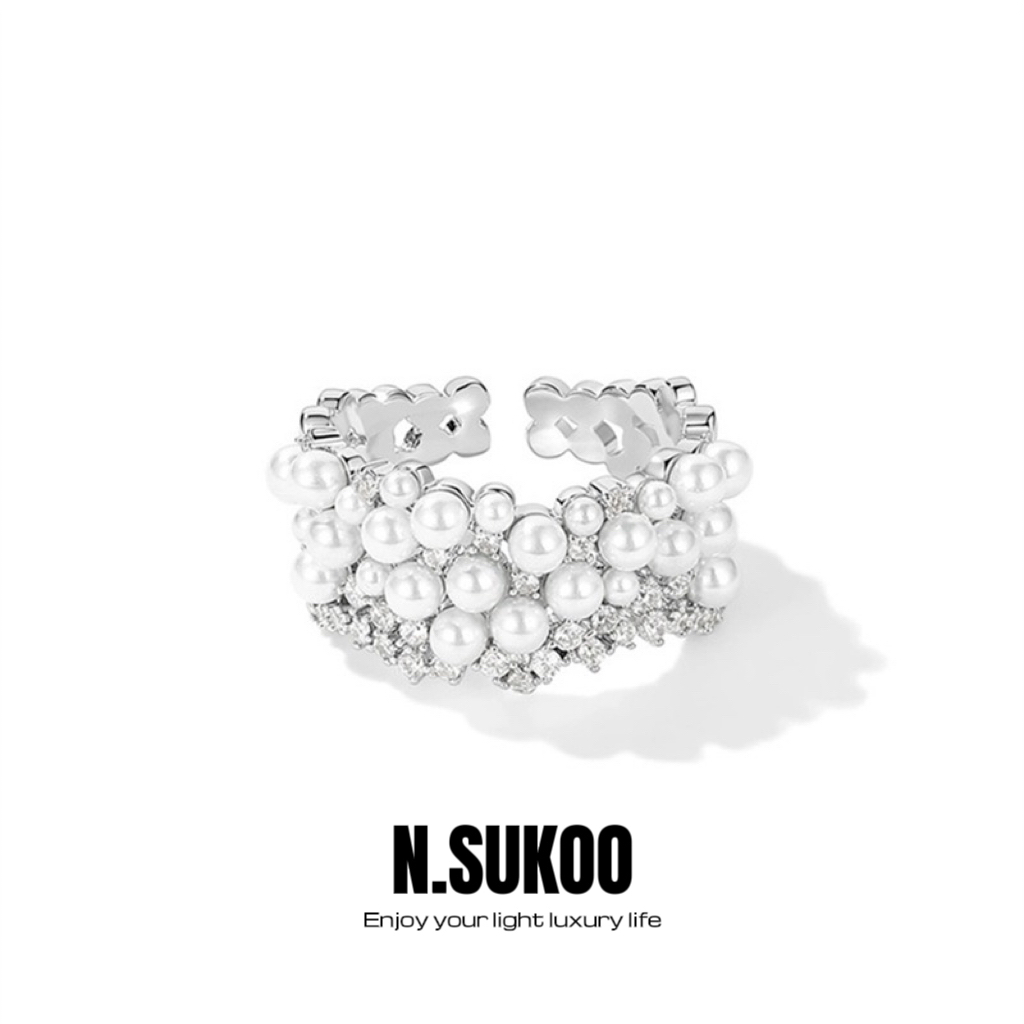 铜合金仿珍珠戒指 J0023 时尚气质百搭满天星开口戒指