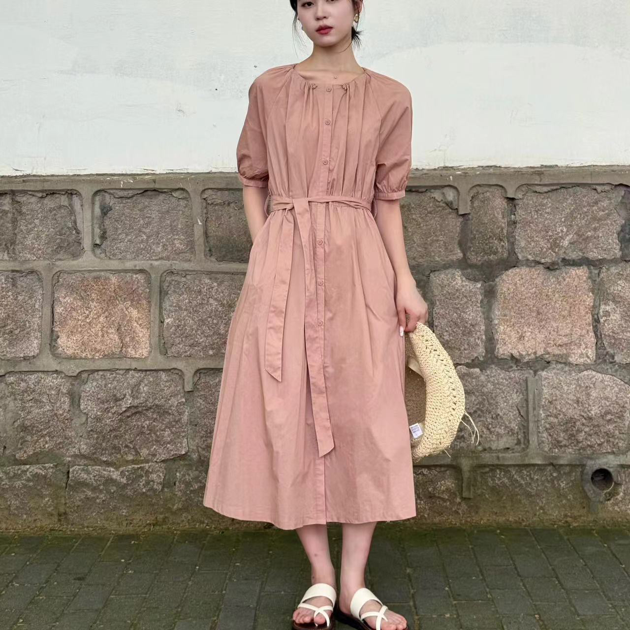 [易小慧]粉色中长款收腰系带文艺连衣裙
