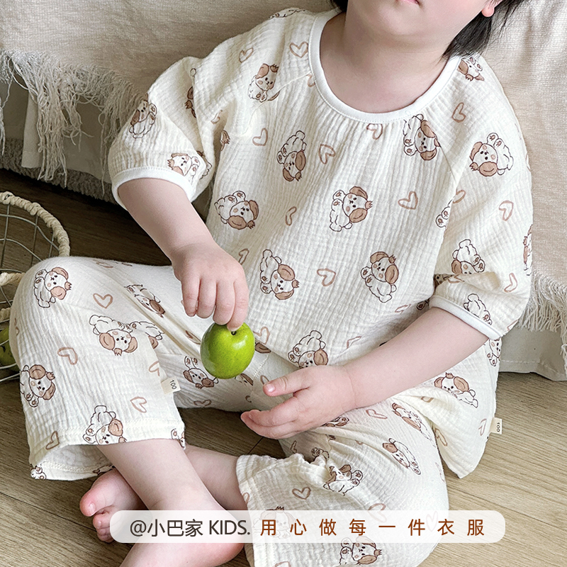 宝宝睡衣夏季纯棉双层纱布薄款儿童家居服套装男童女孩空调服