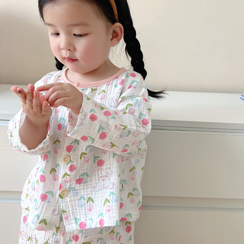 宝宝夏季纱布睡衣纯棉薄款中袖儿童空调衫婴儿韩版家居服男女套装