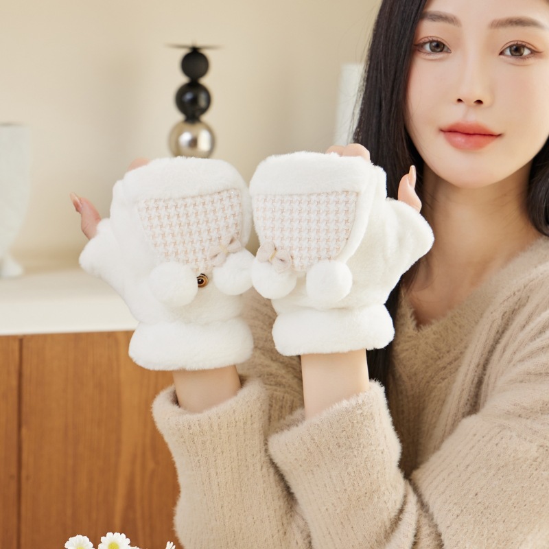 毛绒手套女冬季韩国可爱少女心卡通骑行保暖加绒加厚学生写字防寒