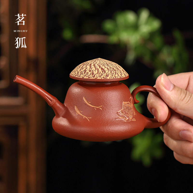 【盧桂荣制】全手工潮州朱泥手拉壶 渔翁紫砂壶家用泡茶壶功夫茶