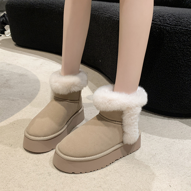 时尚通勤雪地靴女2023冬季皮毛一体加绒加厚棉鞋保暖外穿毛毛棉鞋