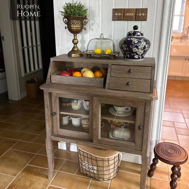 美式法式乡村白橡木全实木餐边柜客厅小户型设计边柜展示柜茶水柜