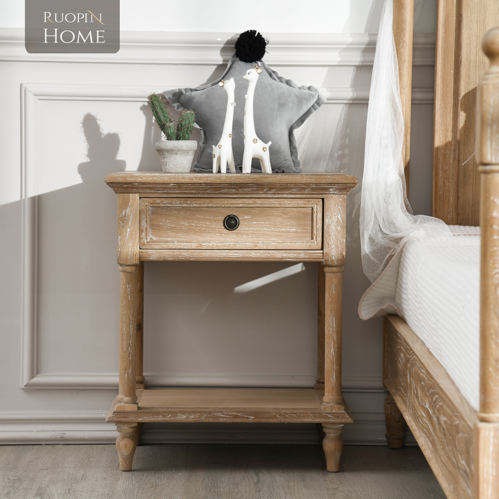 美式法式欧式乡村风格北美白橡木全实木床头柜复古做旧双层边柜角