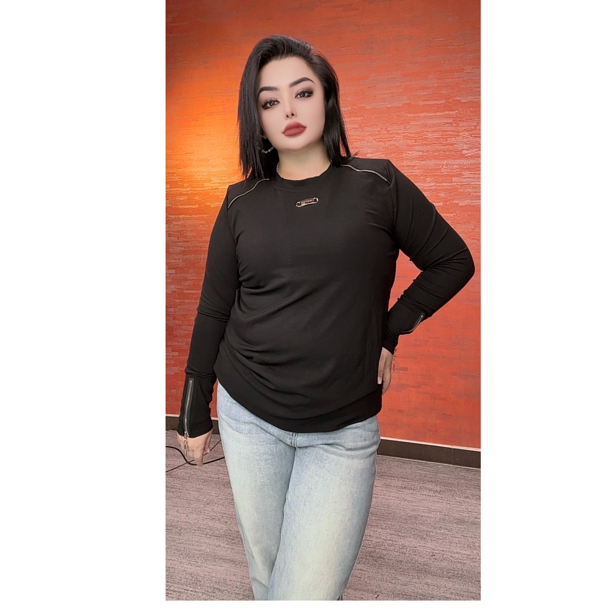 纯色圆领拉链设计长袖打底衫显瘦百搭上衣