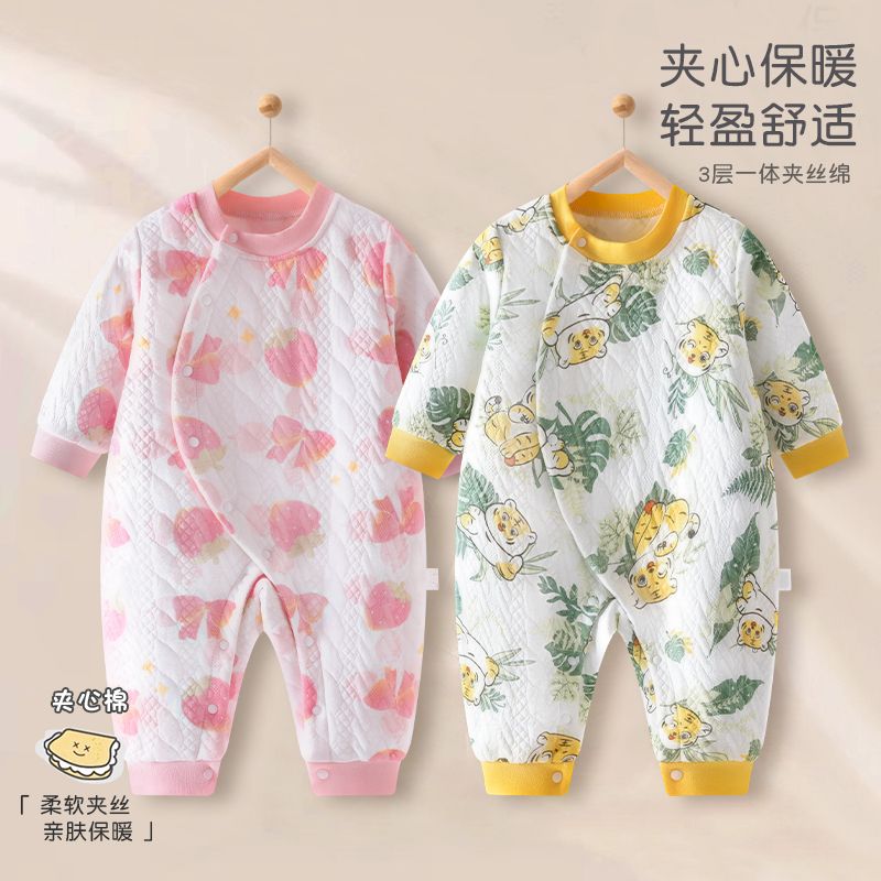 婴儿连体衣服秋冬装百棉保暖长袖哈衣男女宝宝三层夹棉新生儿爬服