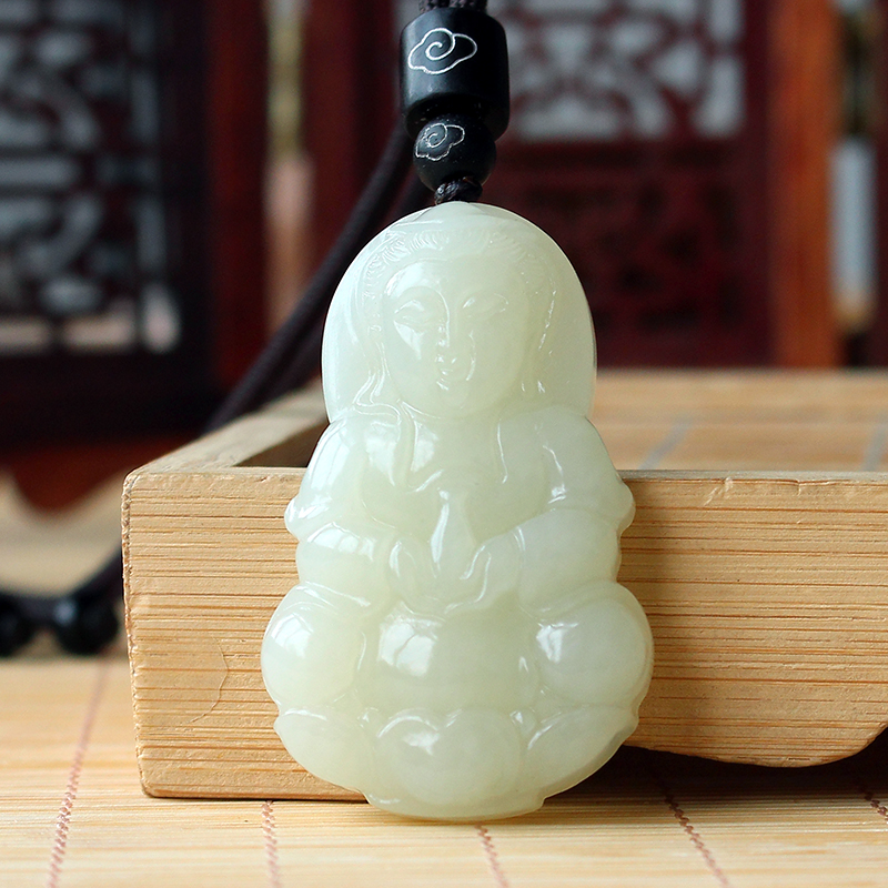 天然和田玉抱瓶观音正装观音玉坠YZ20028手工雕刻精雕挂件男士