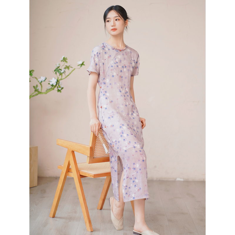 艺在【烟汀】原创女装连衣裙夏季纯苎麻圆领印花短袖长裙显瘦YX887