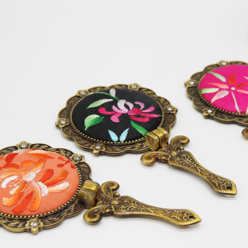 湘绣手工刺绣中国风便携复古折叠镜化妆镜文创非遗新中式古风日用