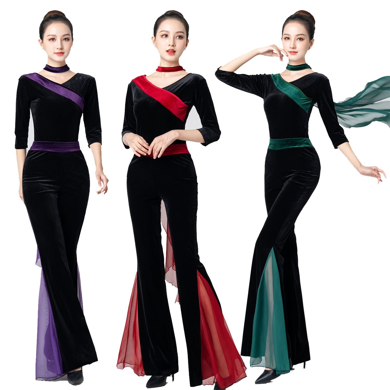金丝绒撞色紫色形体服舞蹈服走秀模特芭蕾练功训练服培训礼仪