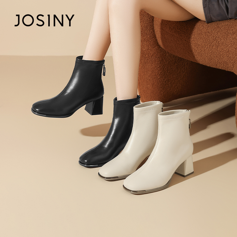 卓诗尼时尚百搭粗跟高跟方头秋冬瘦瘦靴矮靴法式英伦风中跟时装女