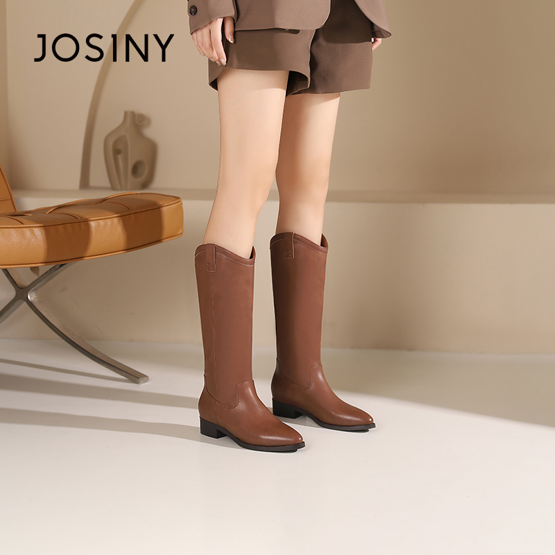 卓诗尼百搭粗跟时尚西部靴牛仔靴女2023年新款秋冬圆头尖头长靴