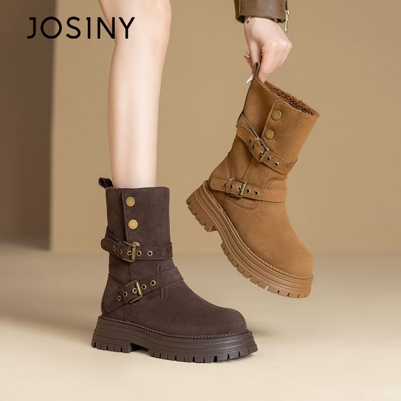 卓诗尼美拉德时装靴2025冬季新款加绒保暖圆头厚底短靴502A63374