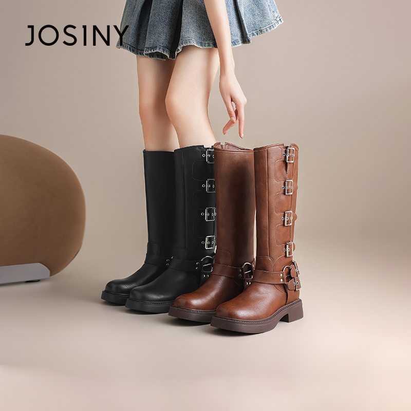 卓诗尼2024新款小众设计冬季保暖长筒时装靴皮带扣不过膝显瘦气质