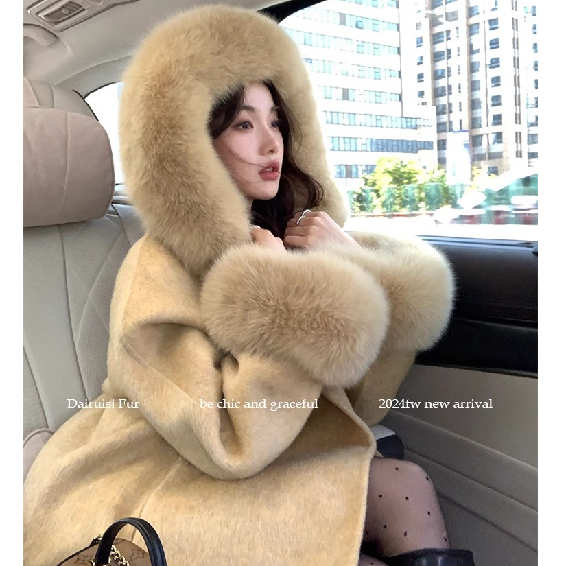 里拉歌剧院|狐狸毛连帽网红双面呢大衣女高级感皮草毛呢外套