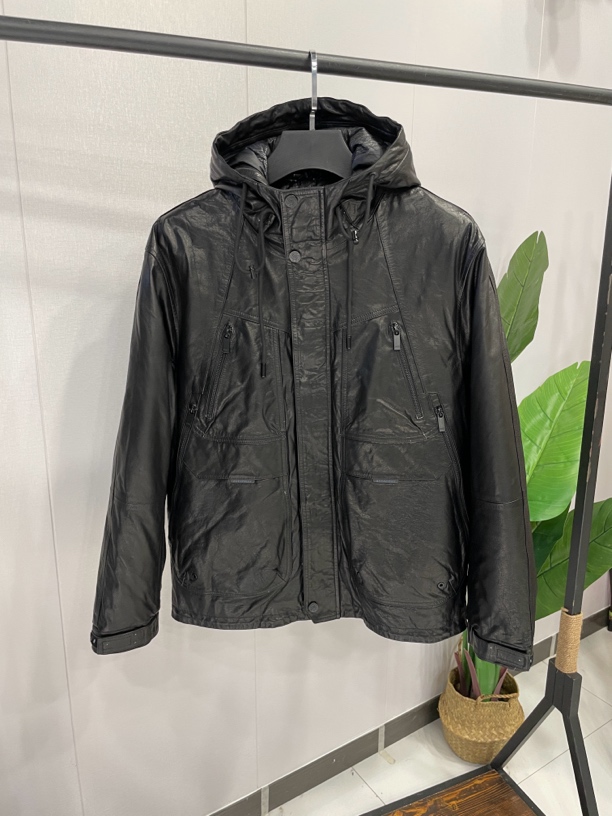 牛皮油蜡连帽羽绒内胆（可脱卸）男士皮衣