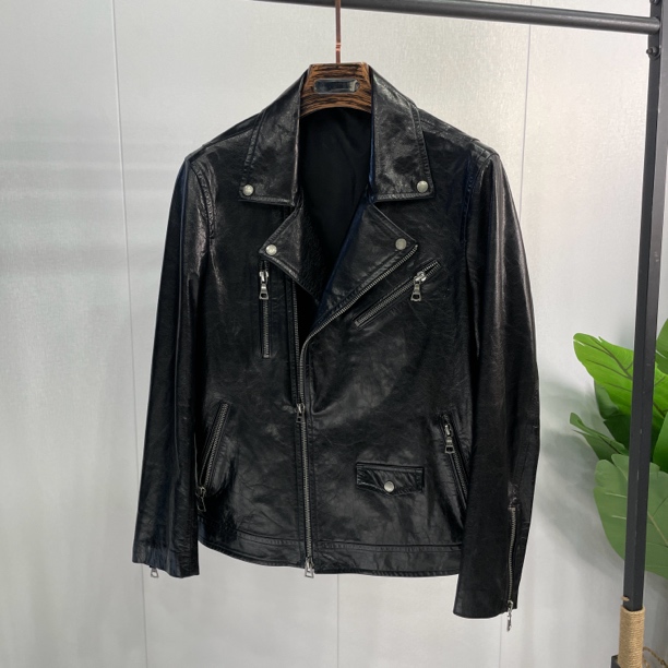 山羊皮赫本油蜡机车夹克皮衣