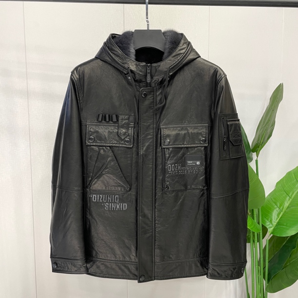 牛皮油蜡铁灰整貂内胆男士皮衣