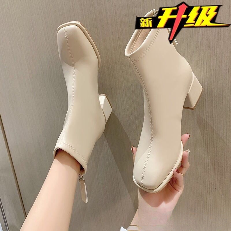 法式小短靴方头马丁靴女短靴冬季韩版新款中筒瘦瘦靴女