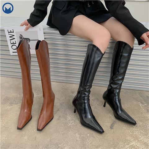 2023时尚绒里尖头细跟中跟长靴高筒靴子女高跟不过膝靴