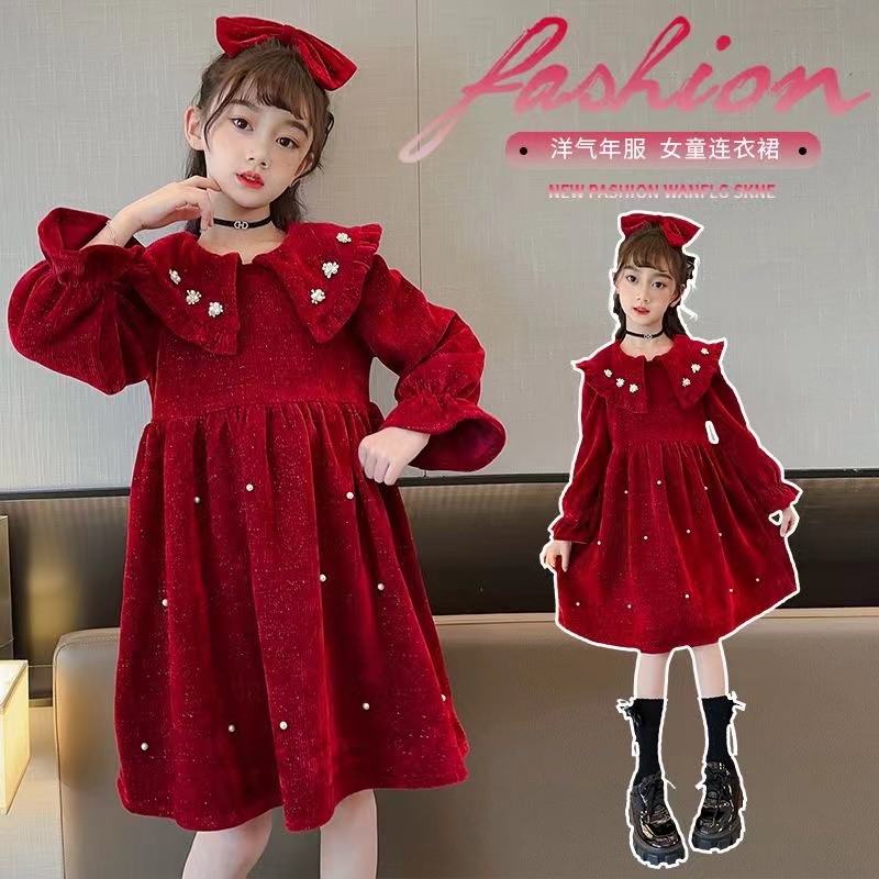 女童红色连衣裙2023秋冬新款洋气女孩拜年新年装公主裙宝宝公主裙