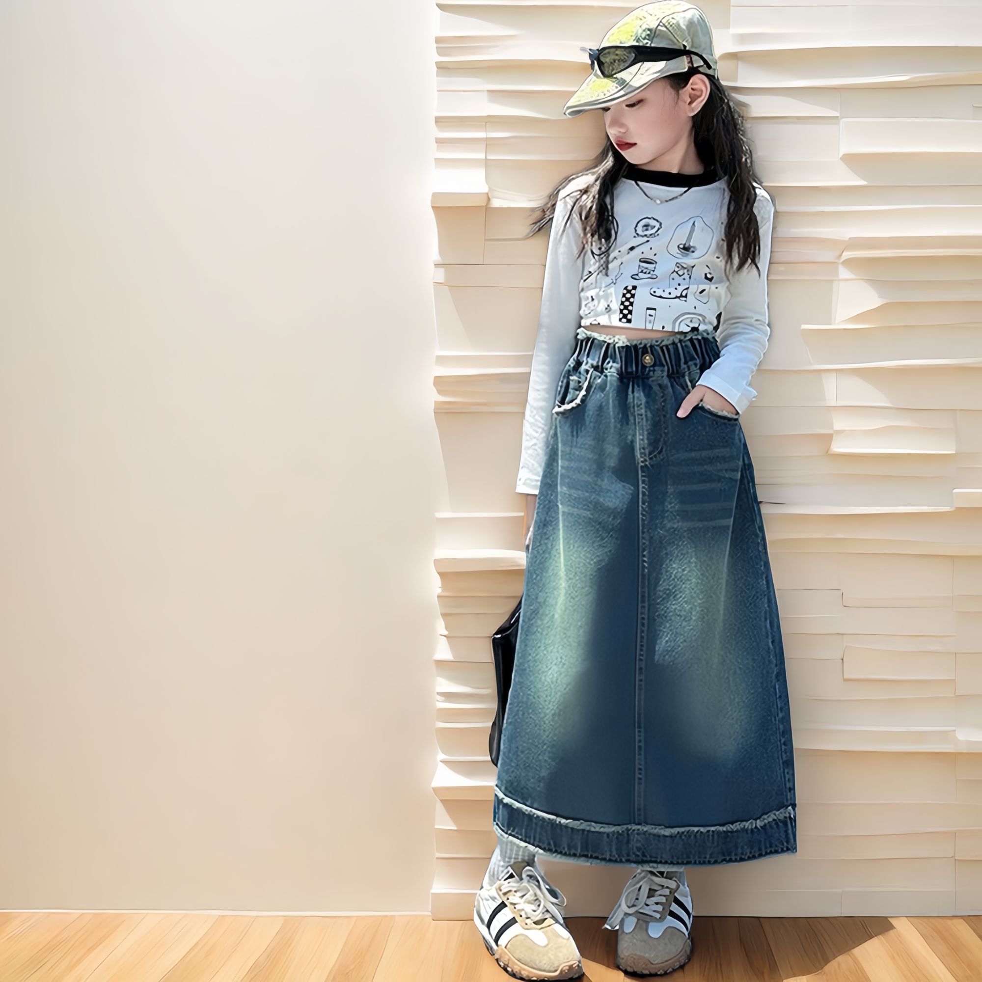 女童牛仔裙新款2024爆款早秋款洋气牛仔长裙女童6~12岁上衣套装