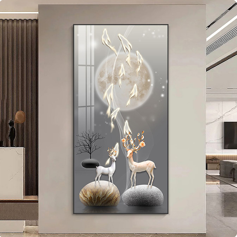 光影麋鹿玄关装饰画轻奢走廊过道挂画入户镶钻晶瓷画简约艺术壁画