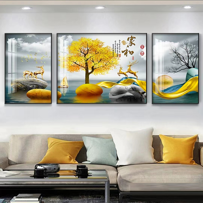 轻奢客厅装饰画沙发背景墙壁画现代简约大气三联画餐厅挂画晶瓷画