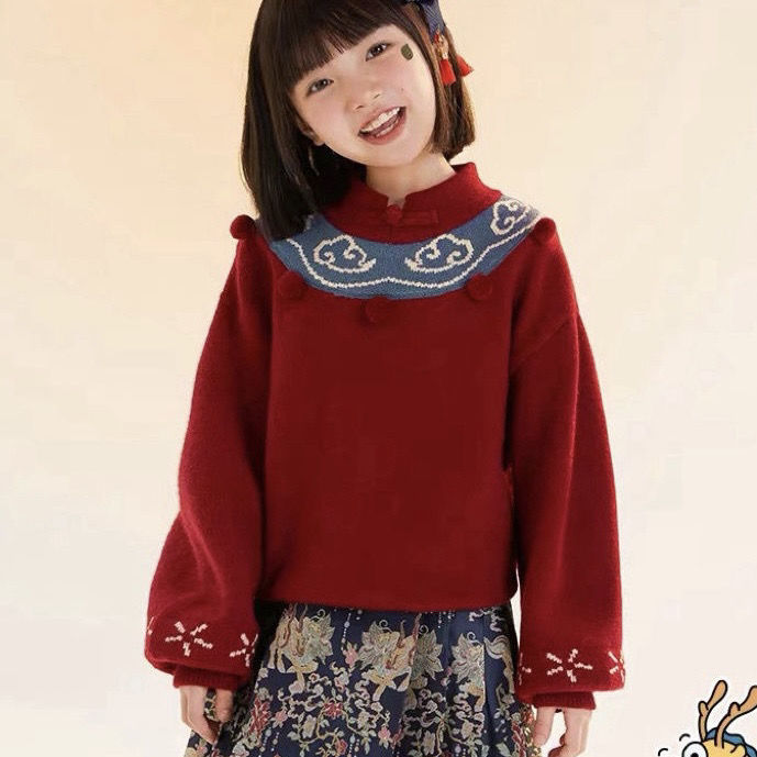 中国风童装古风中式祥云新年款女童毛衣2023冬装新款儿童拜年服