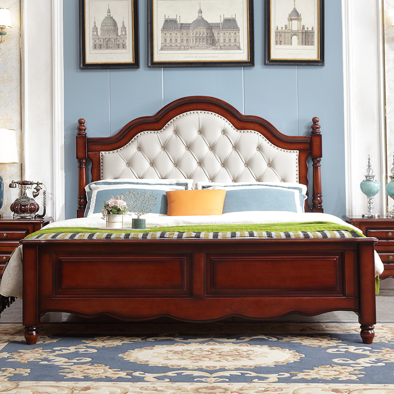 美式复古全实木软包床1.8米高端大气主卧双人床桃花芯实木软包床