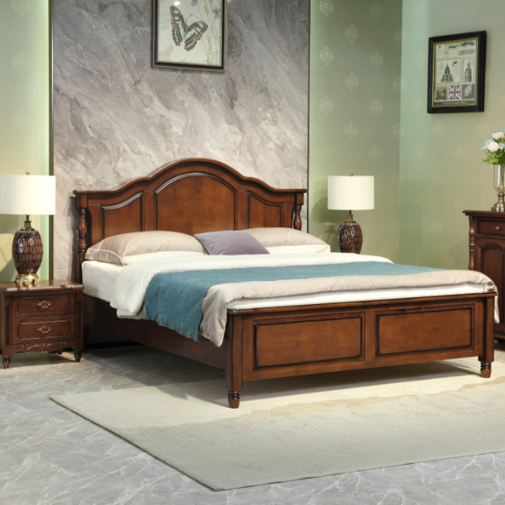 北美桃花芯615#家用实木床美式实木床1.8米复古双人大床储物