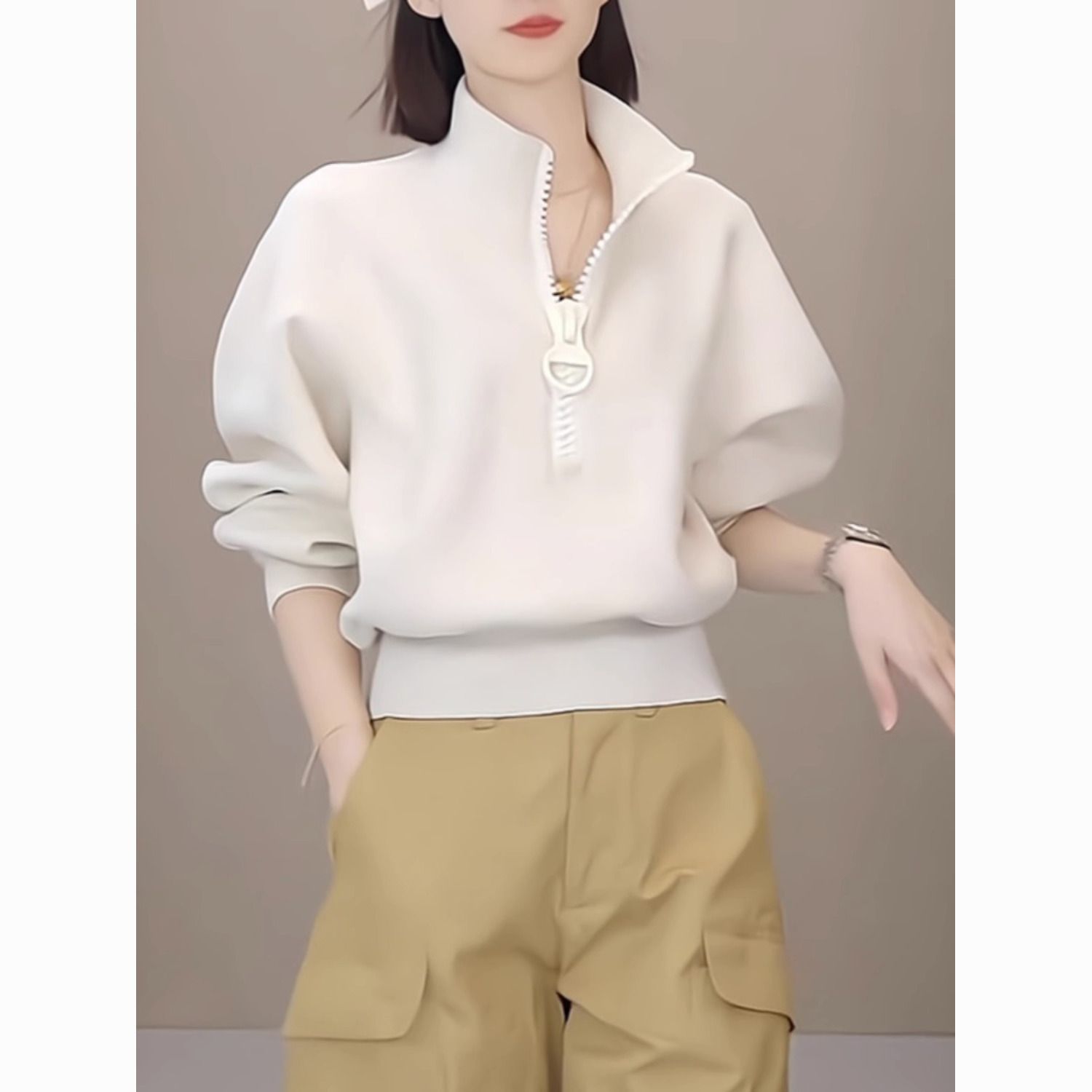 高级感半拉链立领纯色卫衣女秋季2023新款短款时尚洋气宽松上衣