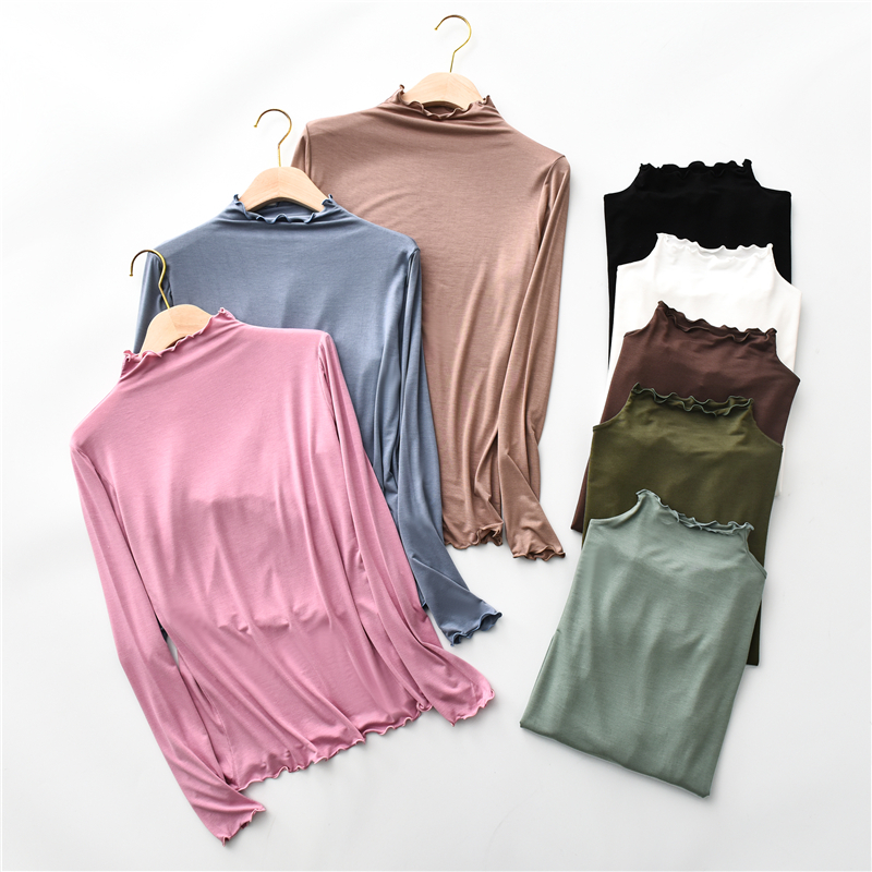 韩版春夏女洋气木耳领t恤显瘦内搭修身薄上衣莫代尔半高领打底衫