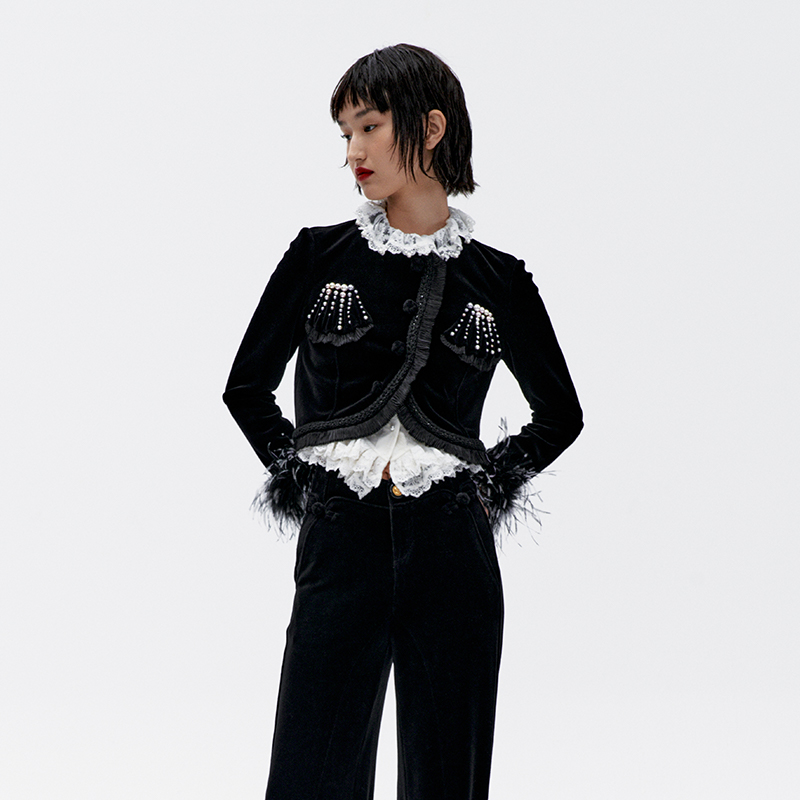 【明星同款】LE FAME/拉飞姆冬季千金小香风拼接丝绒外套女