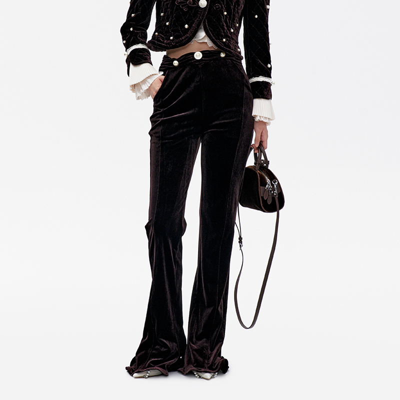 LE FAME/拉飞姆冬季棕色高腰修身垂感丝绒喇叭长裤